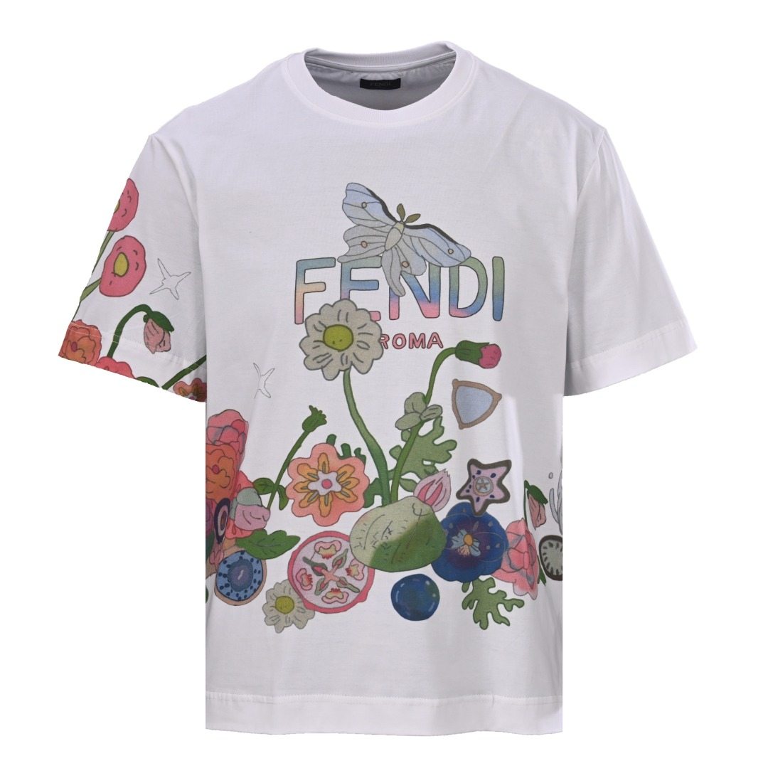 FENDI Future 플라워 버터플라이 배색 프린트 반팔 티셔츠